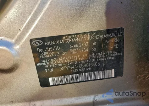 2011 Hyundai Elantra Gls from USA, damaged, VIN 5NPDH4AE6BH013403